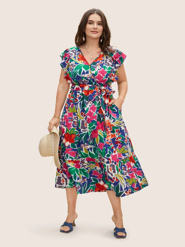 Step Ahead, Lead The Trend Limited - Stock Floral Wrap Patchwork Ruffle Cap Sleeve Dress