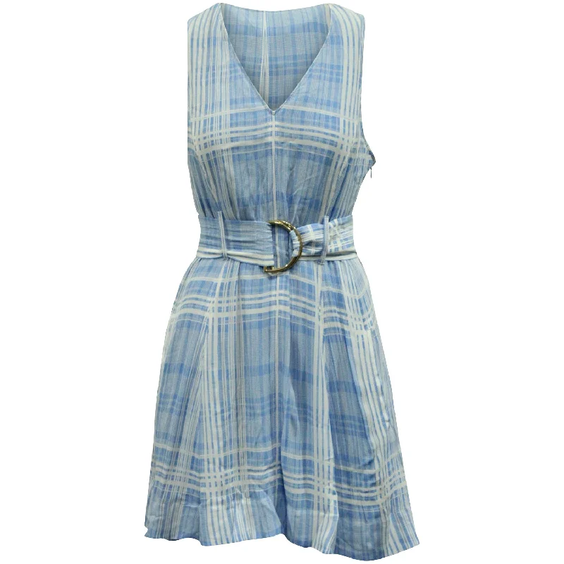 Limited Time Effortless Comfort Diane Von Furstenberg Plaid Belted Sleeveless Dress in Light Blue Viscose