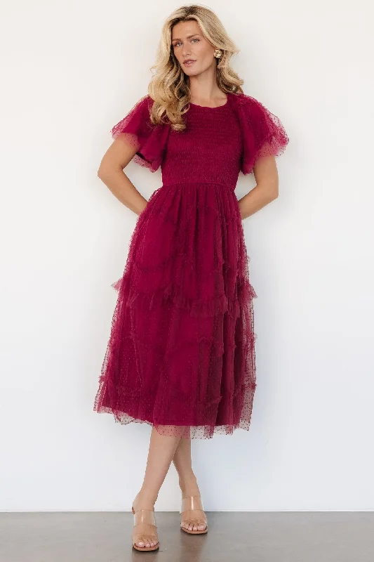 Unleash Your Trend Driven Style Effortless Comfort Ambrose Dotted Tulle Midi Dress | Burgundy