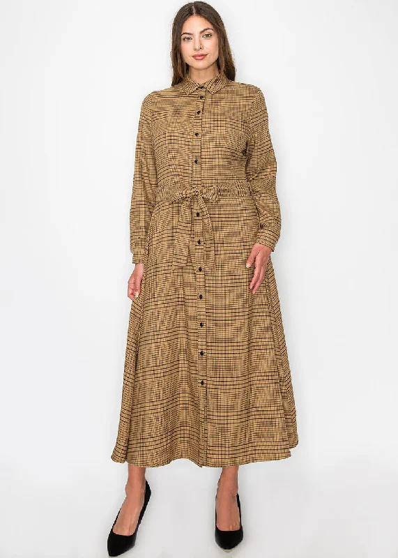 Limited Stock, Big Sale Flash Sale Camel Plaid Shirt Dress with Belt