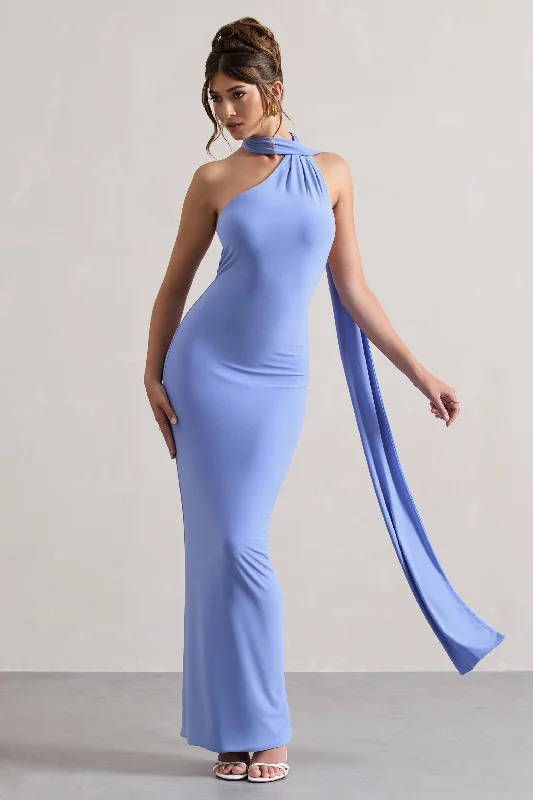 Polished Style Deals Bold Patterns Miss | Pale Blue One Shoulder Backless Maxi Dress With Scarf