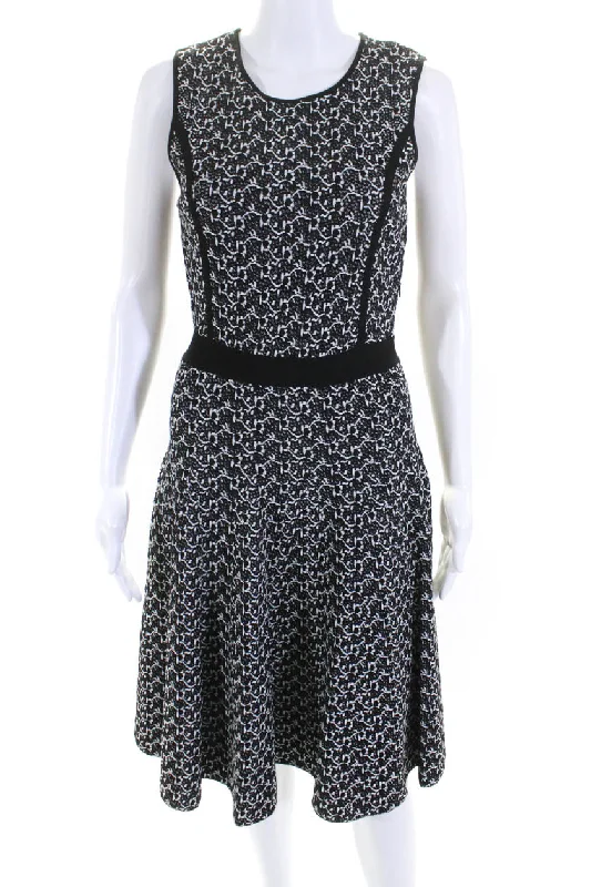 Elegant Fashion Offers Vintage Retro Party Wear Oscar de la Renta Womens Patterned Sleeveless A Line Dress Black White