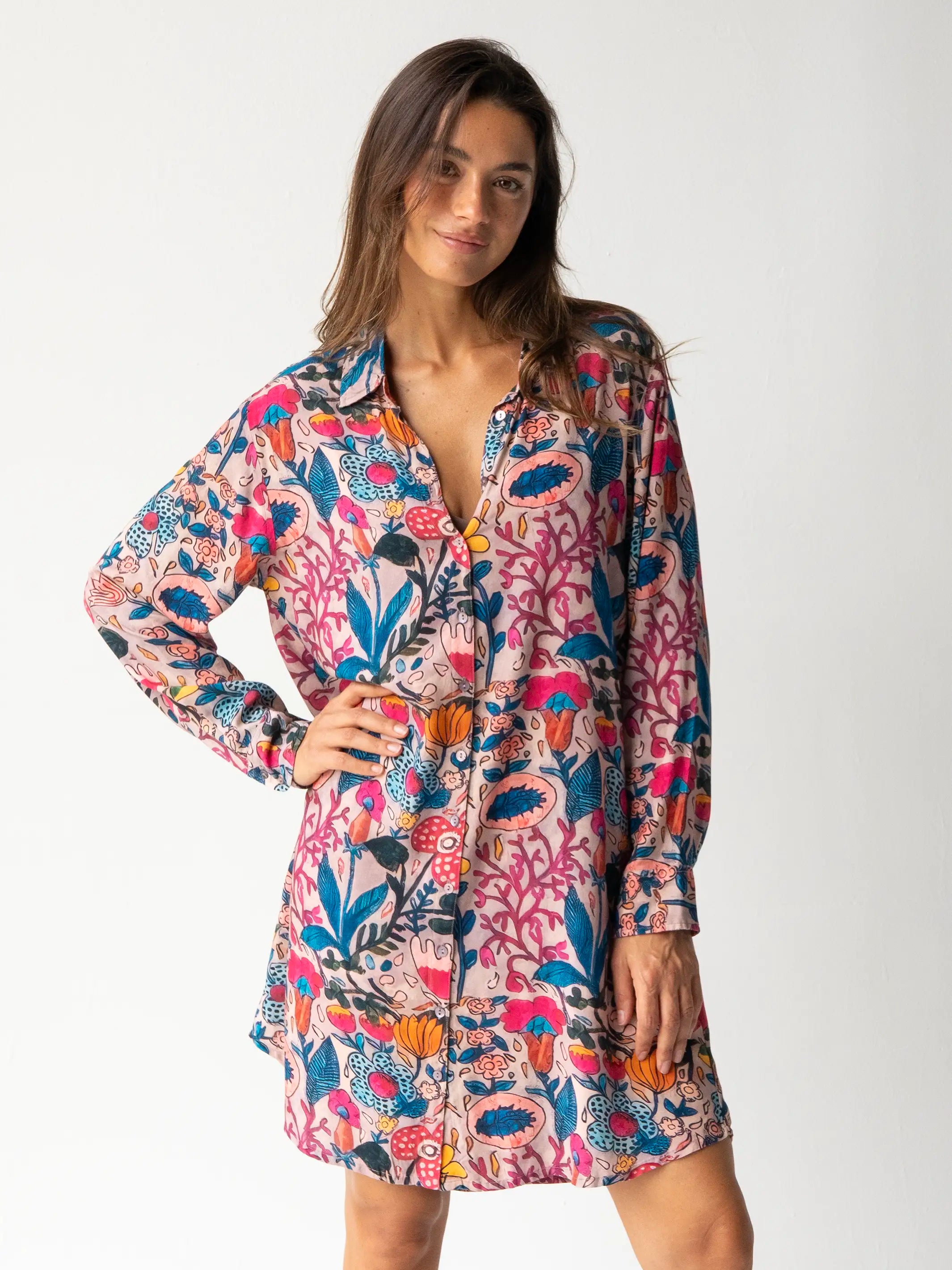 Flash Sale Starts Charming Silhouette Georgia Shirt Dress - Light Pink Multi Floral