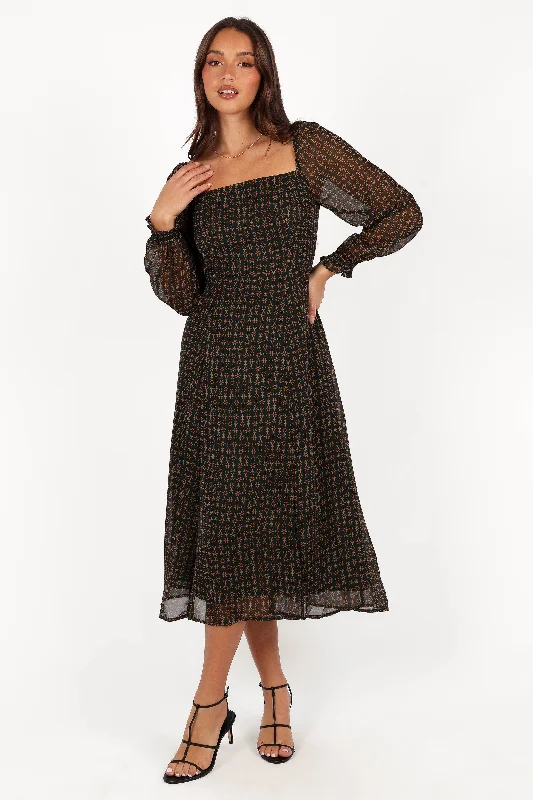 Mega Sale Effortless Sophistication Ettie Long Sleeve Midi Dress - Pine/Tan