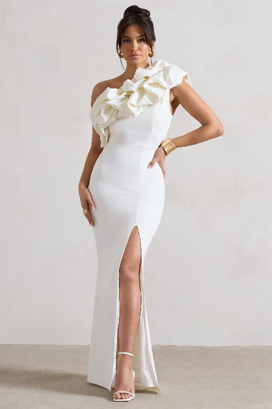 Fashionista Sale Effortless Style Vienne | White One Shoulder Ruffle Split Maxi Dress