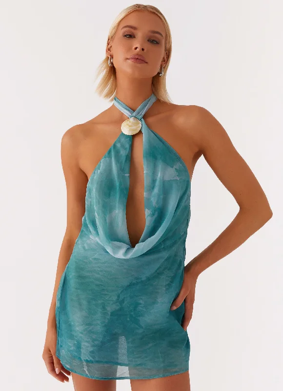 Limited Stock Playful Elegance Oceans Away Deep Cowl Mini Dress - Green Tie Dye