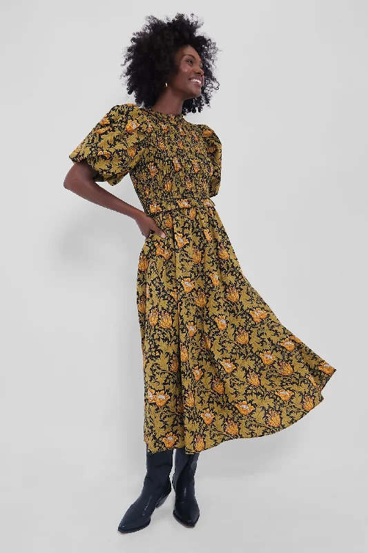 Crazy Price Slashing Vintage Look Olive Leafy Floral Smocked Smythe Midi Dress