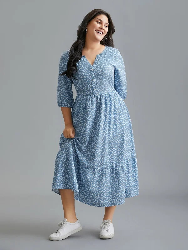 Special Offers Feminine Charm Notched Ditsy Floral Button Midi Dress