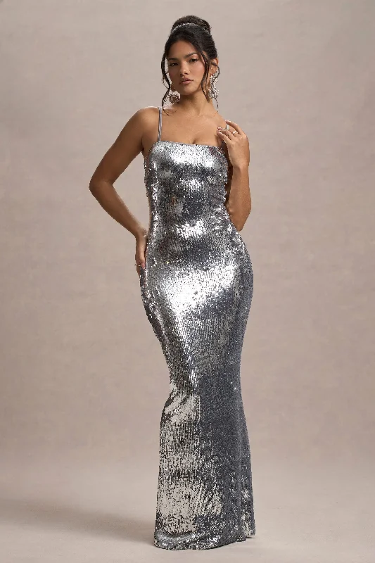 Final Sale Save on Classic Elegant Styles Flashback | Silver Sequin Strappy Maxi Dress