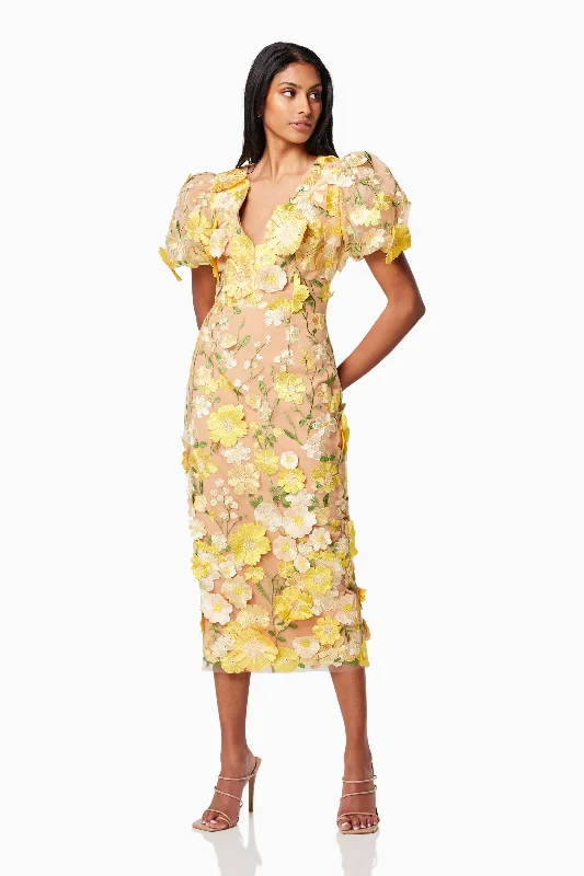 Special Offer Elegant Contour Indie 3D Floral Midi Dress In Yellow