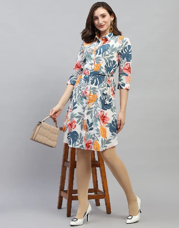 Budget Friendly Weekend Special Women Off White Floral Print Collar Neck 3/4 Sleeve Dress