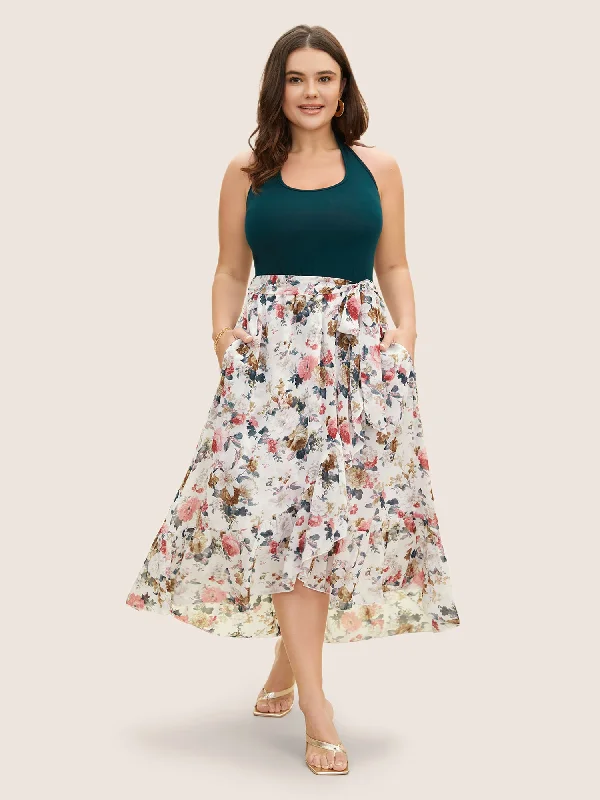 Fashion Sale Artful Design Halter Neck Patchwork Floral Belted Dress