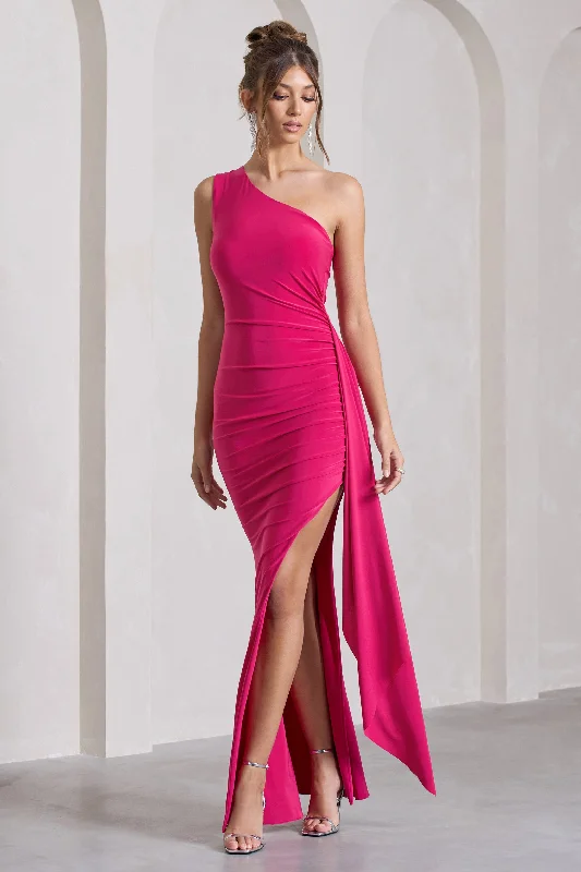 Sophisticated Style Offers Weekend Special Rewind | Hot Pink One Shoulder Sleeveless Split Maxi Dress With Drape