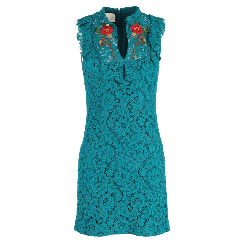 Inspired By You, Designed For You Feminine Flow Gucci Mini Lace Flower-Embroidered Sleeveless Dress in Turquoise Cotton