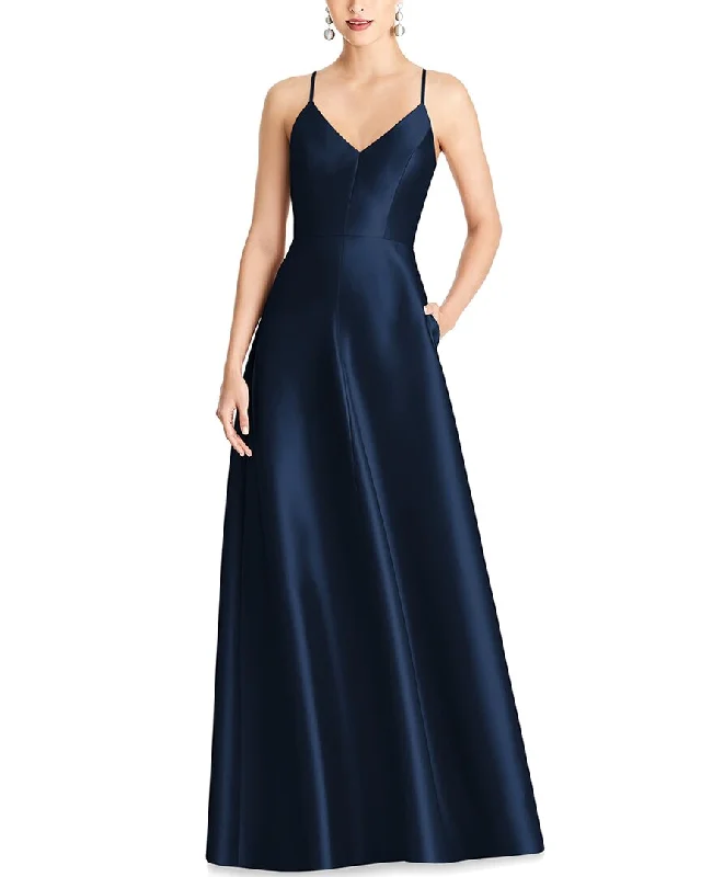 Discount Extravaganza Playful Elegance Alfred Sung V-Neck Full Skirt Satin Maxi Dress