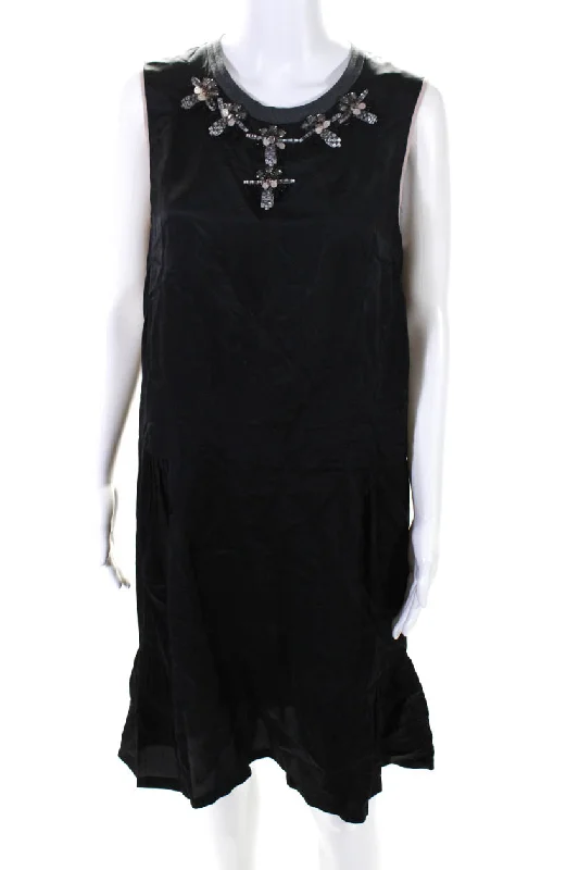 Timeless Elegance Redefined Formal Outfit Marni Womens Beaded Round Neck Sleeveless Zip Up Mid-Calf Dress Black