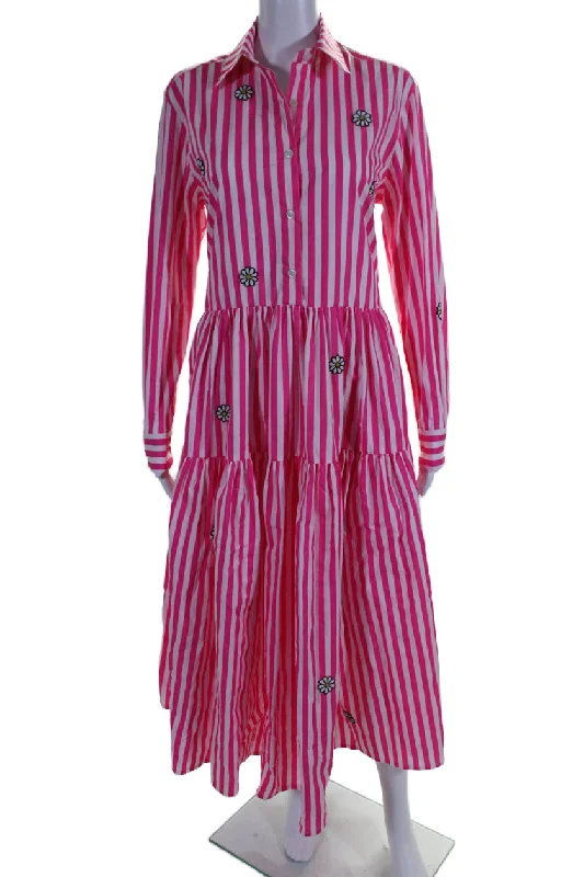 Sale Event, Prices Rock Hollywood Glam Award - Show Style Mira Mikati Womens Cotton Daisy Beaded Pink Striped Poplin Shirt Dress