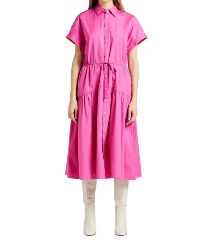 Fashion Deal Charming Silhouette Drawstring Cotton Shirt Dress In Fuschia