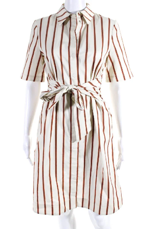 Massive Savings Vintage Retro Party Wear Jason Wu Womens Belted Short Sleeve Striped Button Down Shirt Dress Beige