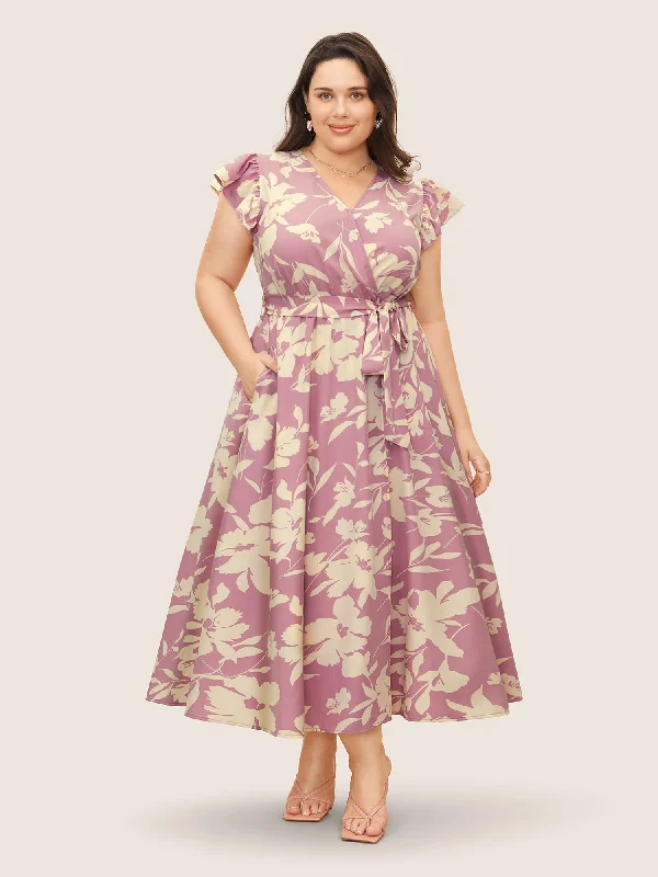 Style Redefined Romantic Flair Silhouette Floral Print Wrap Ruffle Cap Sleeve Dress