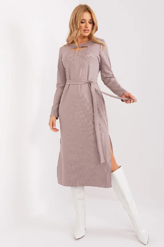 Fashion-Forward Parisian Effortless Chic Style Lakerta Casual Tie Waist Cutout Neckline Long Sleeve Side Slit Midi Dress