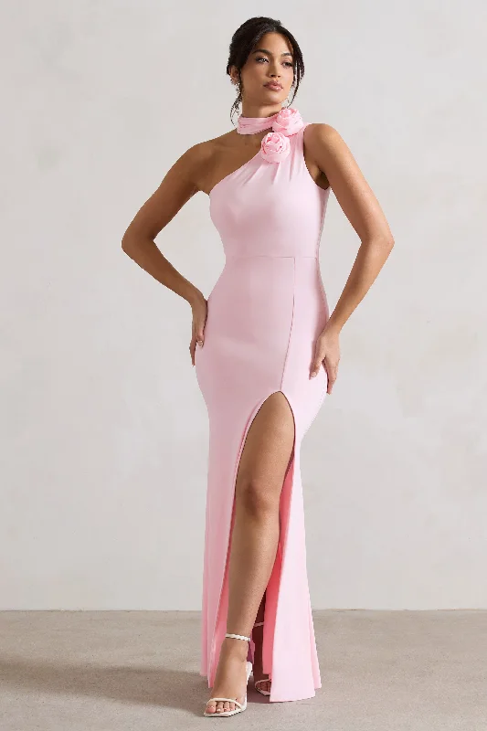 Sporty Fashion Offers Feminine Allure In Suspense | Pink One Shoulder Halter-Neck Split Maxi Dress With Flower