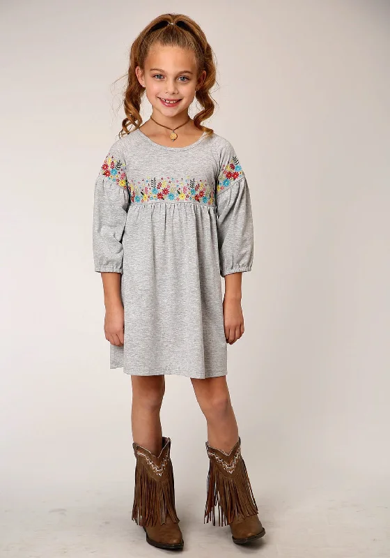 Hot Items Statement Piece Roper Girls Grey Cotton Blend Milange Floral S/S Dress