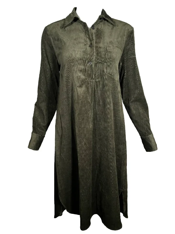 Casual Chic Deals Vintage Look Women's Stretch Corduroy Shirt Dress In Hunter