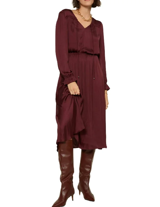 Special Offers, Don't Miss Flowing Silhouette Satin Vneck Long Sleeve Dress In Burgundy