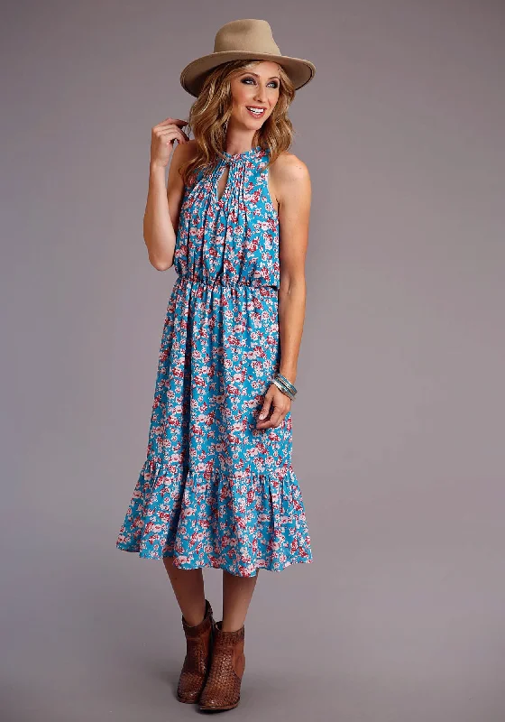 Essentials On Sale Modern Glamour Stetson Womens Blue Multi Polyester Mid-Calf Floral S/L Dress