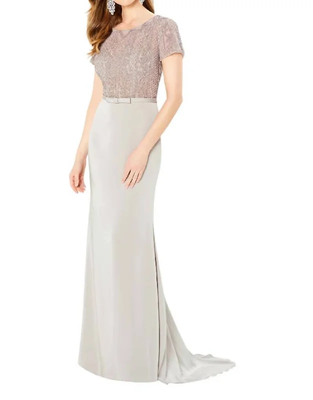 Stylish Statements Graceful Cut Beaded Bateau Evening Gown In Stone