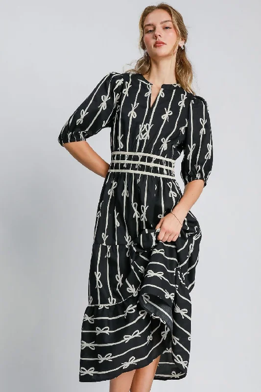 Budget Friendly Vintage Charm Hot Girl X Umgee Bow Print Notched Velvet Trim Midi Dress