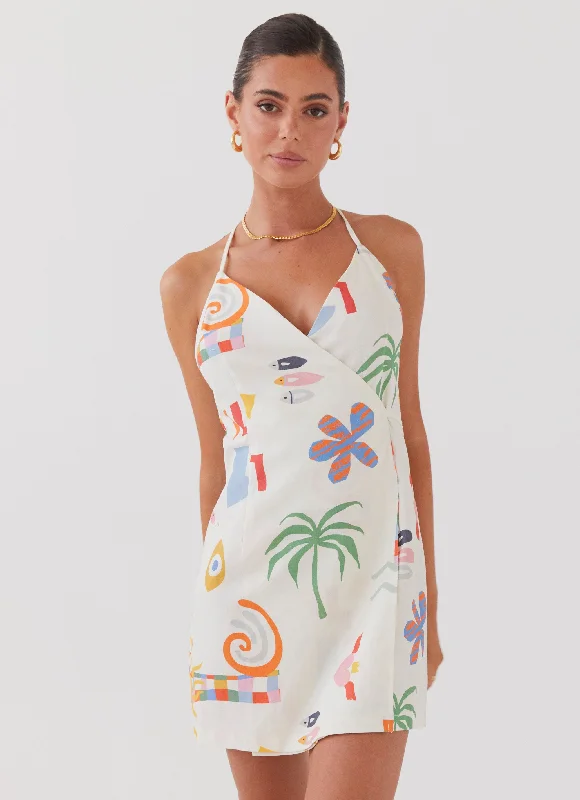 Easy Elegance Sales Elegant Details At Last Sunrise Wrap Linen Mini Dress - Summer Palm