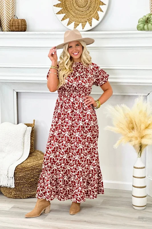 Trendy Fashion Sale Minimalist Elegant Burgundy Floral Print Short Sleeve Maxi Dress