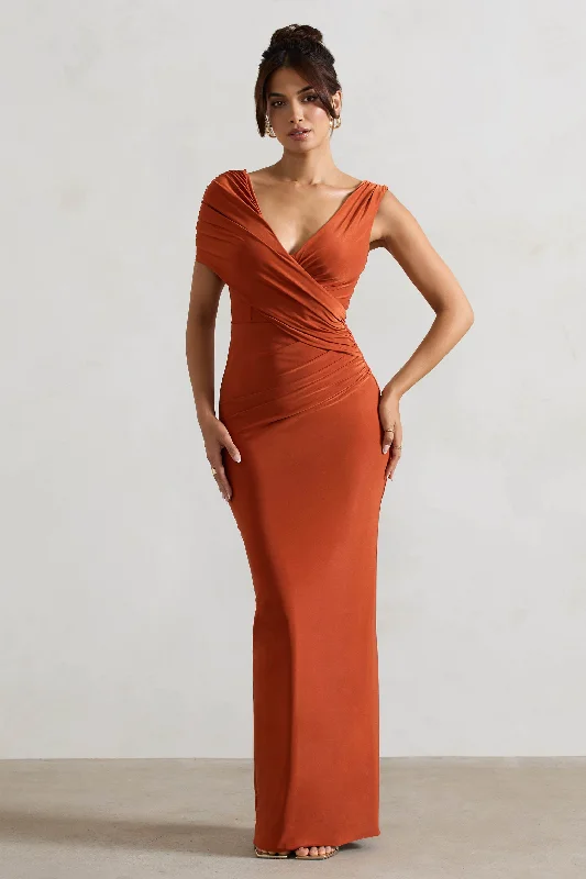 Hurry Before It'S Gone Classic Timeless Elegant Style Capella | Rust Asymmetric Wrap Maxi Dress