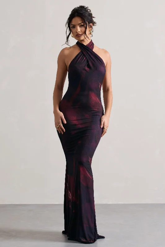 Affordable Luxury Fashion Limited - Edition Drops Invincible | Plum Print Cross Over Halter-Neck Open-Back Maxi Dress