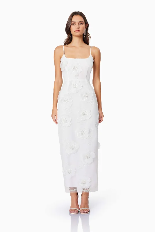 Timeless Elegance Redefined Refined Simplicity Dahlia 3D Floral Midi Dress In White