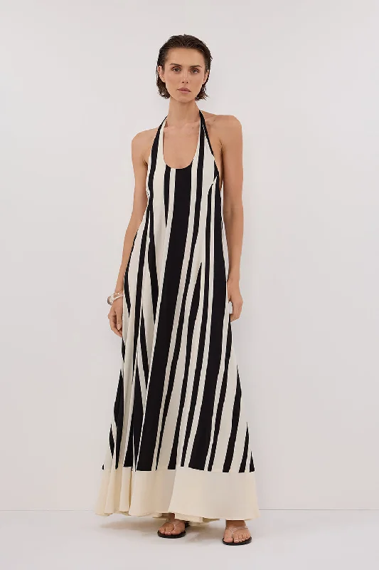 Fashion Sale Vibrant Prints BEAU BLACK STRIPE HALTER MIDI DRESS