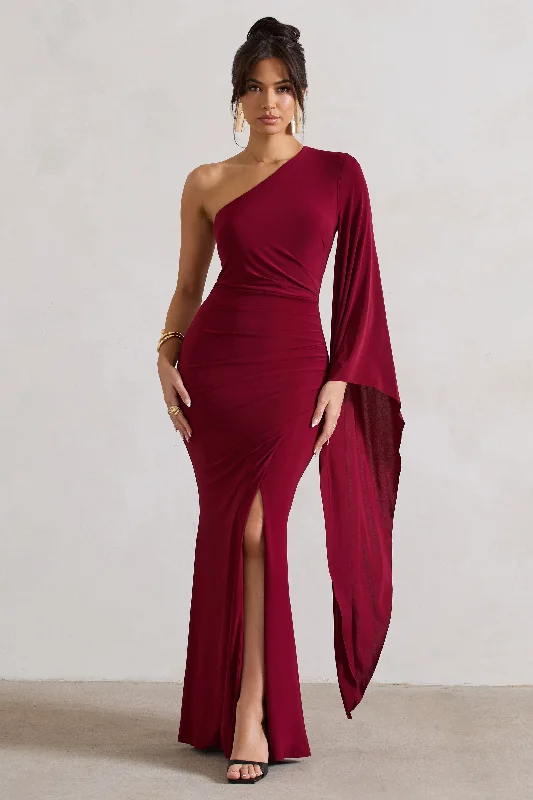 Avant-Garde Style Promotions Elegant Ensemble Giada | Berry Ruched One Shoulder Cape Sleeve Maxi Dress