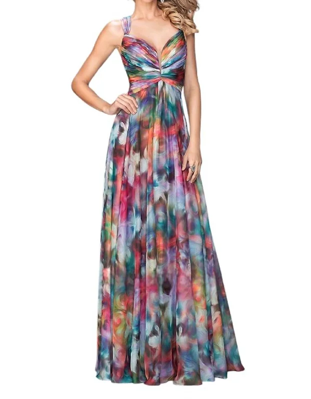 Effortless Style, Endless Impact Effortless Style Ruched Aquarelle Print Evening Gown In Multi