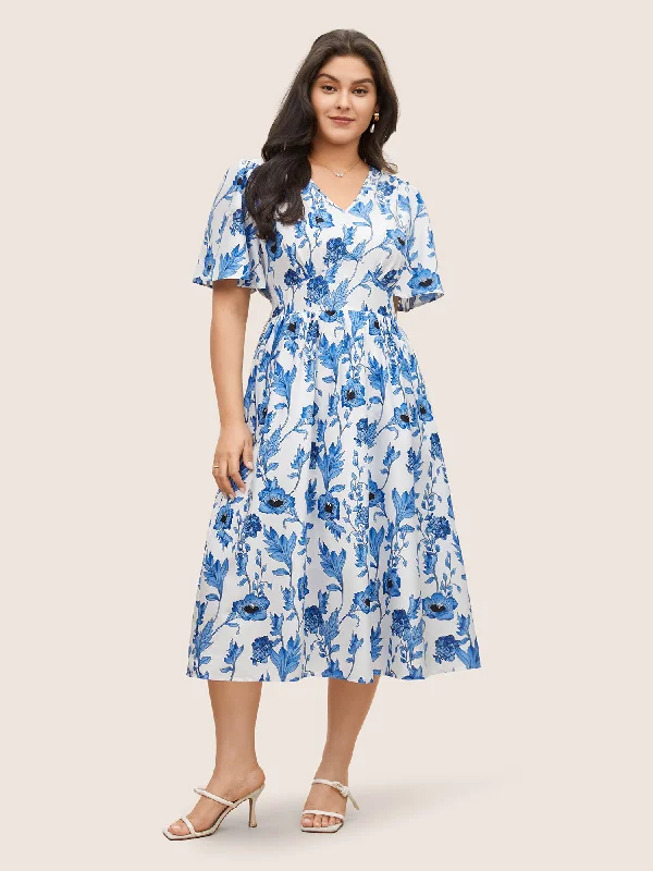 Chic Trend Collection Feminine Elegant Floral Pocket Shirred Elastic Waist Dress