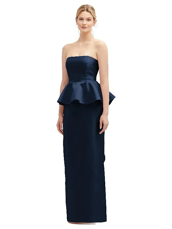 Flash Sale Feminine Charm Strapless Satin Maxi Dress with Cascade Ruffle Peplum Detail