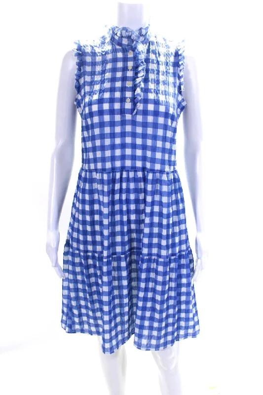 Exclusive Designer Style Deals Bohemian Vibe 0039 Italy Womens Blue Gingham Ruffle Crew Neck Sleeveless Pompea Dress