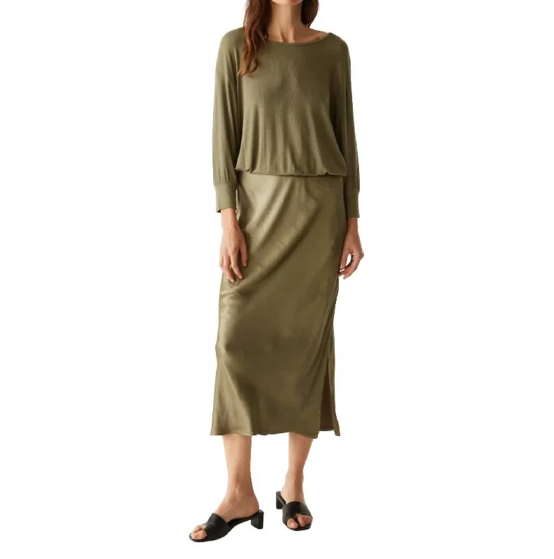 Flash Sale Fever Feminine Grace Nadia Mixed Fabric Satin Dress In Olive