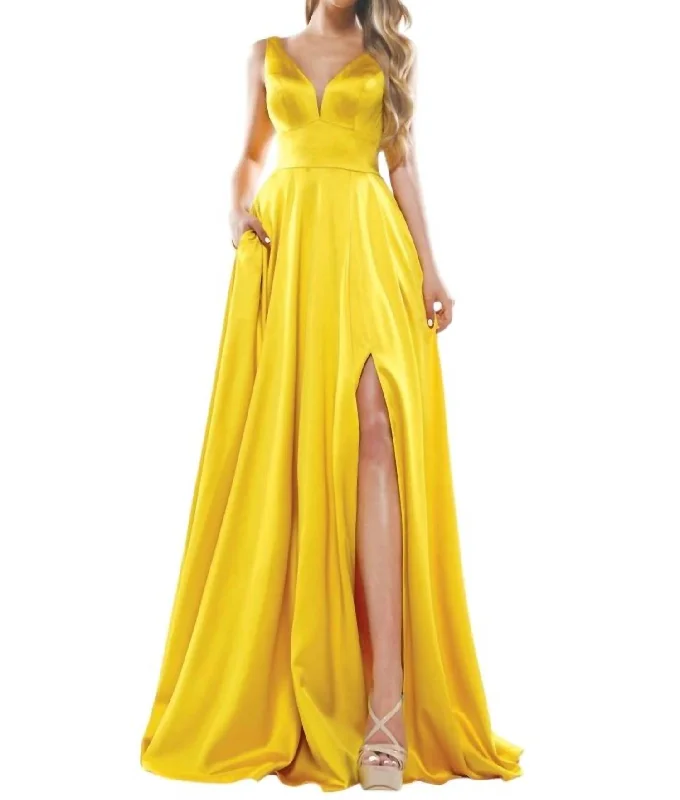 Urban Style Promotions Feminine Elegance Deep V-Neck Satin A-Line Gown In Yellow