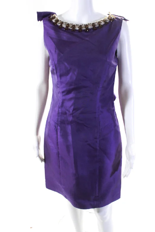 Season Sale Feminine Elegance Gustavo Cadile Womens Beaded Open Back Sleeveless Zip Up Dress Purple