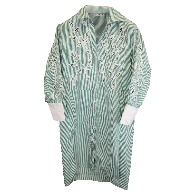 Chic & Cozy Collection Exquisite Craftsmanship Sandro Paris Stripe Mini Long Sleeve with Lace Detail Shirt Dress in Green Cotton