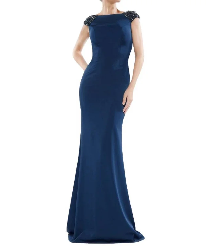 Fashion Forward Femininity Refined Look Beaded Cowl Back Trumpet Gown In Navy