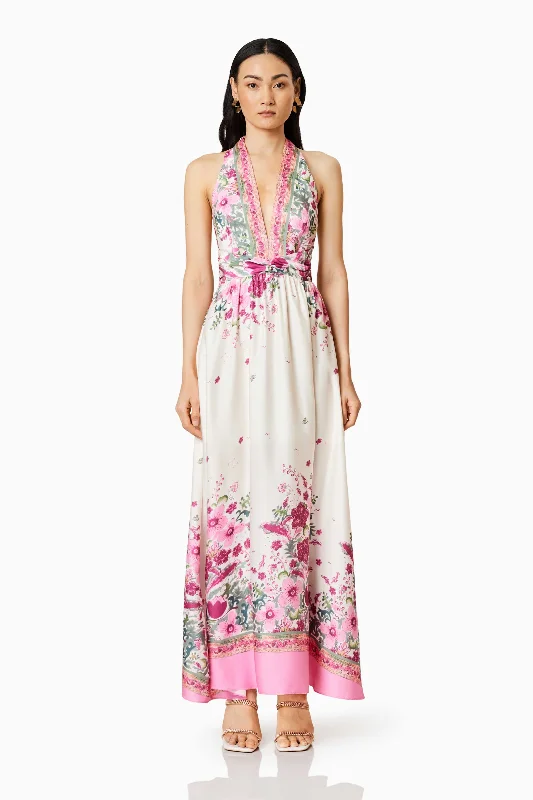 Fashion Deal Dreamy Draping Castaway Maxi Dress In White & Pink Florals