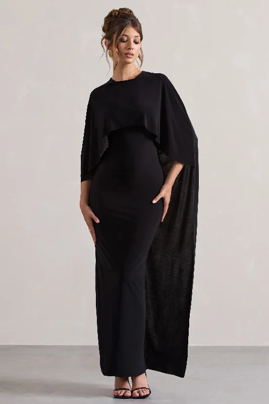 Flirty Fashion Discounts Sophisticated Cut Palena | Black Draped Maxi Dress With Cape Sleeves